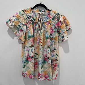 Entro Women’s smocked floral watercolor tiered sleeve tie neck pleated blouse